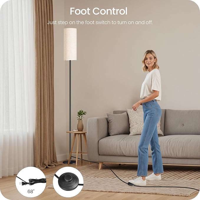 Set of 2 Slim Floor Lamps for Living Room with 2 Magnetic Remotes and Foot Switch, Dimmable Standing Lamp Mood for Bedroom Nursery, 3 Color Temperatures, 1-Hour Timer, 900LM Bulb Included, Beige Shade