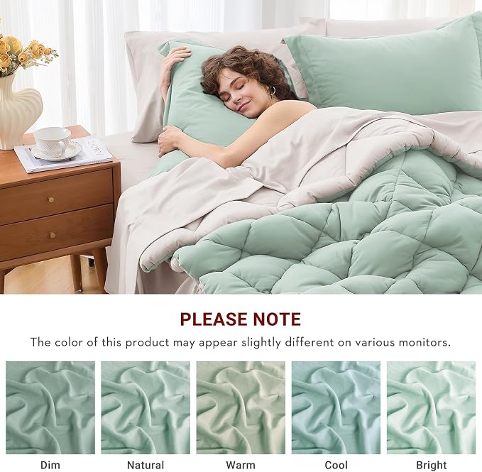 5 Pieces Twin Comforter Set, Reversible Bed in a Bag Twin Size, All Season Bedding Set with Comforter, Flat Sheet, Fitted Sheet, Pillowcases & Shams, Sage Green & Beige