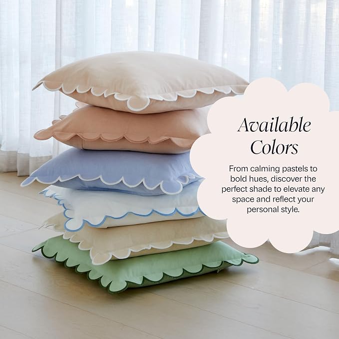 BEBE BASK Scalloped Pillow Cover Set of 2, 18x18, 100% Cotton - Peach Pink | 100% Cotton, Scallop Pillow Covers, Grandmillennial Style, 18 by 18 Inch, Easy to Care, Machine Washable, Scalloped Pillows