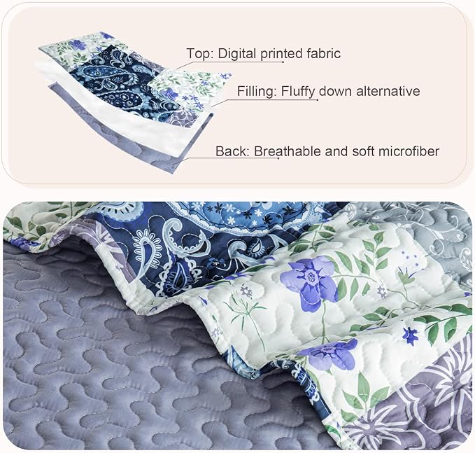 Whale Flotilla California King Size Quilt Set, Extra Soft Floral Bedspreads | Paisley Flowers Reversible Lightweight Oversized King Quilt Bedding Set, Printed Coverlet with 2 Pillow Shams for All Seasons