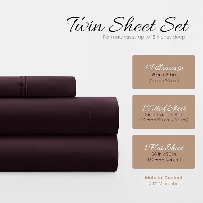Linen Market Bed Sheets for Twin Size Bed (Purple) - Sleep Better Than Ever with These Soft and Cooling Twin Sheets - Deep Pocket Fits 16" Thick Beds - 3 Piece Twin Sheet Set