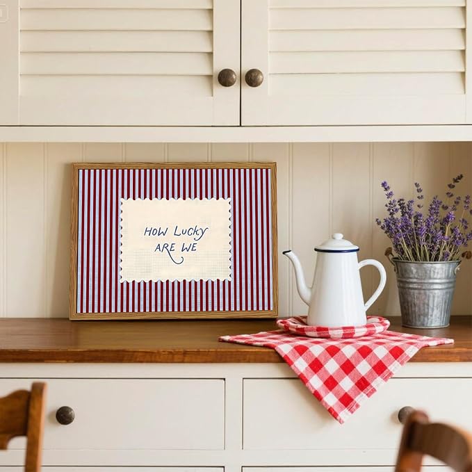 Framed How Lucky Are We Wall Art, Trendy Positive Affirmation Quotes Canvas Wall Decor Paintings, Red Striped Pictures Prints Preppy Home Decor for Living Room Bedroom Dorm 12x16 inch