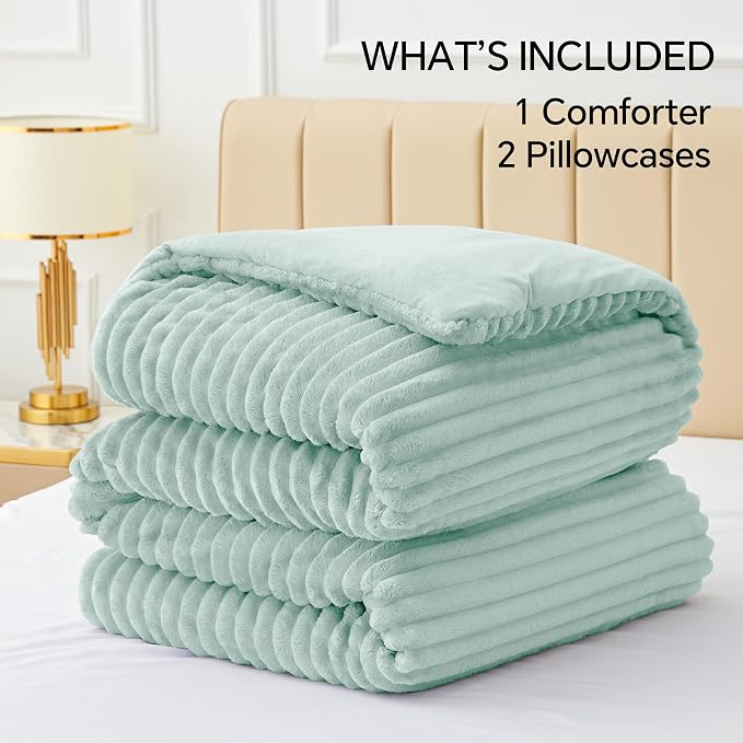 BEDELITE Fleece Queen Comforter Set, Fluffy Bed Set, Light Green | Super Soft & Warm Bedding, Luxury Fuzzy Faux Fur Comforter for Winter, Heavy Plush Bedding, with 2 Pillowcases