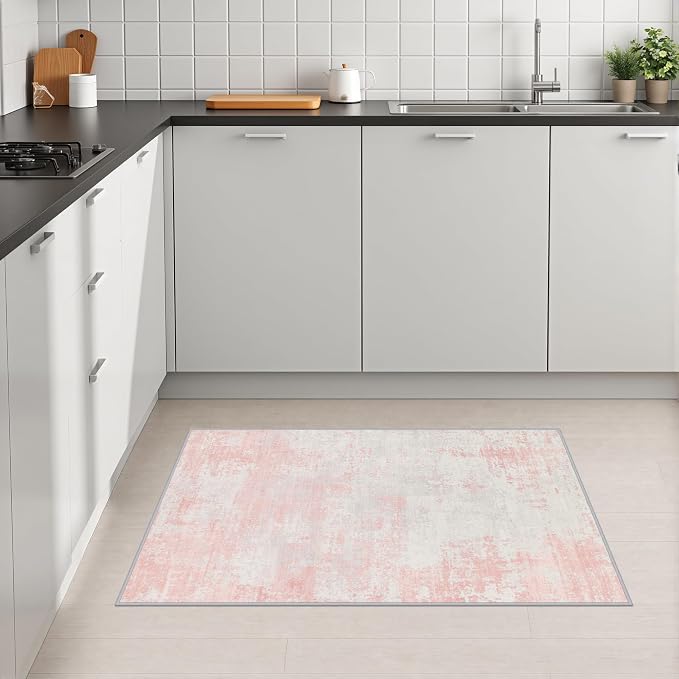 2x3 Washable Entryway Rug: Modern Abstract Soft Carpet Pink White | For Entrance, Bedroom, Kitchen, Laundry, Bathroom,Door Mat,Modern Abstract,Machine washable,Non-Slip,Stain Resistant,Indoor