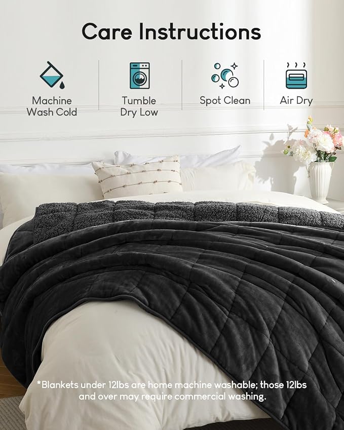 Cottonblue Weighted Blanket 15lbs for Queen Bed - Ultra Soft, Cozy Comfort Sherpa Blanket for Relax and Sleep, Heavy Bed Blankets with Cemaric Beads, 60x80 Inches,Black | Cozy Sherpa Fleece Flannel Weighted Blankets Throw for Sleep Calm Relax, Warm Fuz...