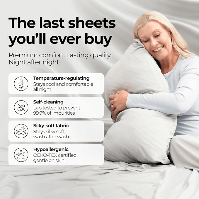 Silvery Silver Infused Bed Sheets Set - Ultra-Soft Temperature-Regulating Fabric with Self-Cleaning Technology™ That Stays Fresh 3X Longer for Hygienic Sleep - Ultra Soft Luxury Bedding Set