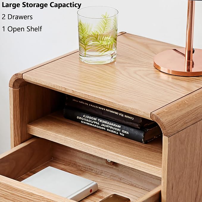 Solid Wood Nightstand, Mid Century Modern Small Nightstand with Two Drawers, Small Night Stand with Open Shelf, Oak Bedside Table for Bedroom, Dorm(Natural Wood Color)