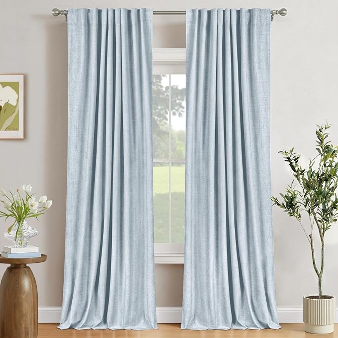 Faux Linen Total Blackout Curtains for Bedroom 90 Inch Long Chambray Blue | 100% Blackout Shield, Back Tab/Rod Pocket Living Room Drapes, Thermal Insulated Blackout Curtains 2 Panels Set, 50"W x 90"L