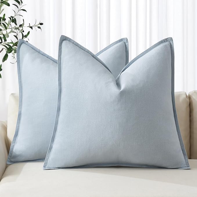 MIULEE Decorative Linen Euro Sham Pillow Covers 24x24 Light Blue | Boho Farmhouse Neutral Couch Throw Pillows for Bed, Pack of 2 Accent Coastal Modern Pillowcases, Sofa Livingroom Home Decor