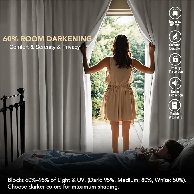 H.VERSAILTEX Light Reducing Curtains Thermal Insulated Window Treatment Panels Room Darkening Privacy Assured Drapes for Living Room Back Tab/Rod Pocket Bedroom Drapes 2 Panels, Ivory - 52 x 63 Inch