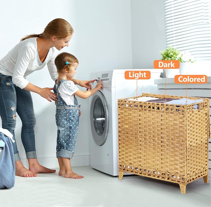 Laundry Hamper with 3 Removable Liner Bags, 132L Laundry Sorter with Lid | Raised Feet; Side Carry Handles; Handwoven PP Rattan; Rust-Resistant Iron Frame; Decorative Woven Design