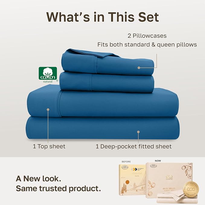 California Design Den Soft 100% Cotton Queen Sheet Set, Cobalt Blue | 400 Thread Count Backed by Good Housekeeping Seal, 16" Deep Pocket, All-Around Elastic, Durable, Easy Care