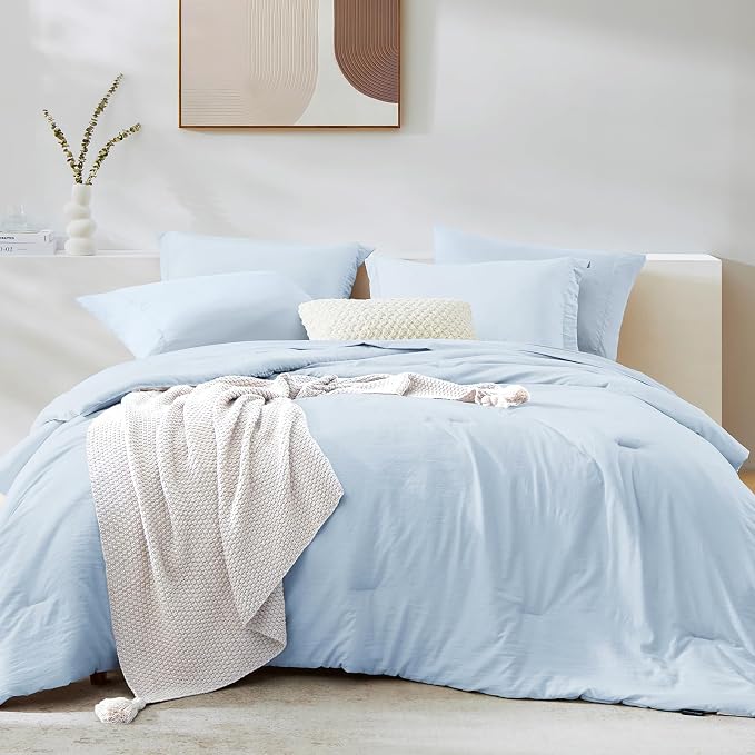 King Size Comforter Set- 7 Pieces Prewashed Bed in a Bag King Bedding Sets | Soft All Season Comforter with Sheets, Pillow Shams & Pillowcases,Ice Blue