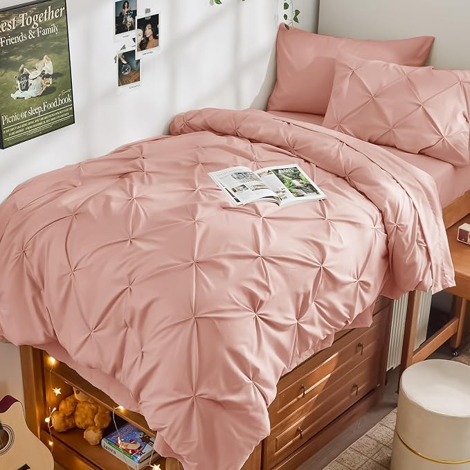 JOLLYVOGUE Twin XL Comforter Set 5 Pieces - Bed in a Bag Twin XL for All Season, Pintuck Bedding Comforter Sets with Comforter, Flat Sheet, Fitted Sheet and Pillowcases & Shams, Rose Brown
