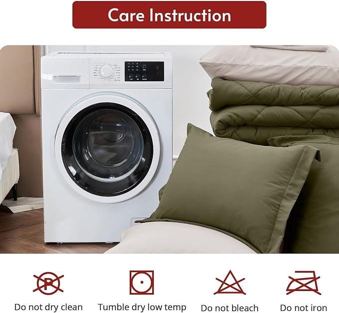 5 Pieces Twin XL Comforter Set, Reversible Bed in a Bag Twin XL Size, All Season Bedding Set with Comforter, Flat Sheet, Fitted Sheet, Pillowcases & Shams, Olive Green & Beige