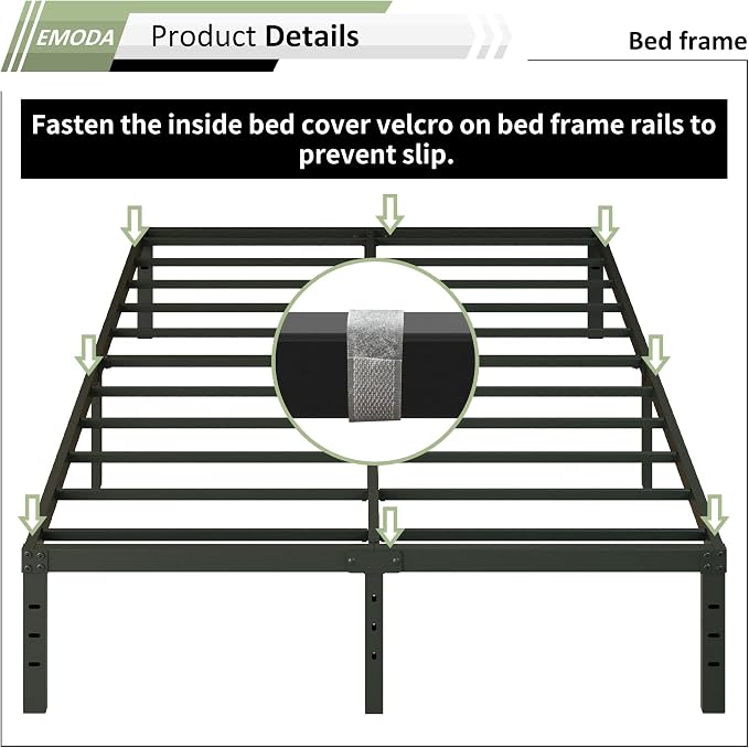 EMODA Queen Bed Frame with Cover No Box Spring Needed, 14 Inch Heavy Duty Metal Platform BedFrame Queen Size with Steel Slats, Easy Assembly