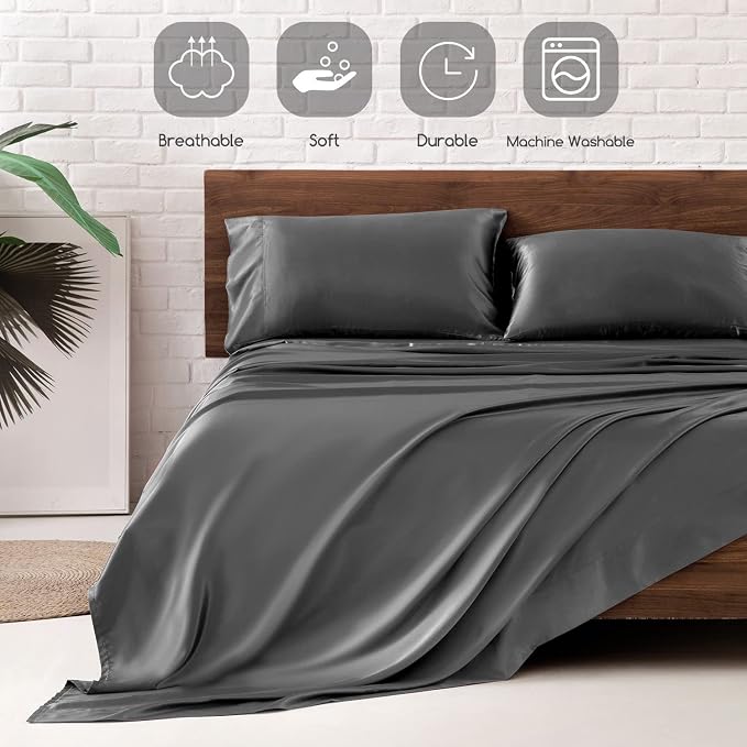 MR&HM Satin Sheets King Size with Elastic Corner Straps, Dark Grey | Similar to Silk, 4-Piece Silky Soft Bed Sheet Set, Gentle on Skin and Hair, 15" Deep Pocket, Cooling & Breathable