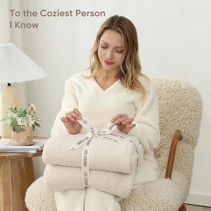 Snuggle Sac Ultra Soft Ivory Bedding Blanket Twin XL, Warm Fluffy Microfiber Blankets for Bed, Living Room, Oversized Bed Blanket Dupes, Heather Ivory, 66x90 inches