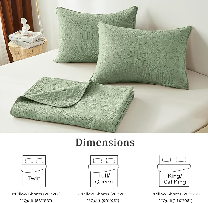 akkialla Quilts Queen Size,Sage Green Ultrasonic Full/Queen Quilt Set,Lightweight Soft Bedspread Coverlet,Modern Style Coin Pattern Bed Cover for All Seasons,3 Piece(1 Quilt,2 Pillow Shams)