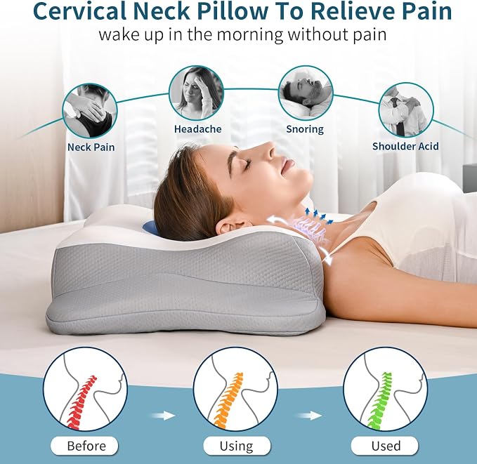 Cervical Neck Pillow for Pain Relief - Ergonomic Side Sleeper Pillow for Sleeping, Cooling Memory Foam Pillows for Neck Support, Orthopedic Pillow Contour Bed Pillow for Back Sleepers (Blue&White)