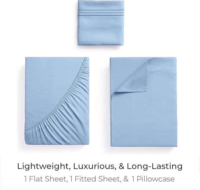 Mellanni Iconic 3-Piece, Ultra Soft Sheet Set (Twin, Sky Blue) | 10M+ Sleepers. Lab-tested: Sleeps Cool, Stays Bright, Strong, Smooth. Good Housekeeping Best Bedding, 7 yrs running.