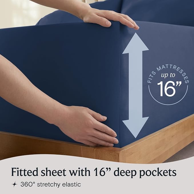 LuxClub 4 PC King Sheet Set, Deep Pockets Wrinkle Free Cooling Bed Sheets Hotel Bedding for Women, Men, Includes 1 Fitted Sheet, 1 Flat Sheet and 2 Pillowcases-Soft Navy | LuxClub Silky Fitted Sheet & Pillowcase Sets, Breathable Hotel Luxury Bedding fo...