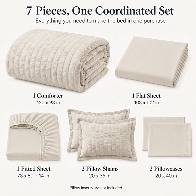 Oversized King Comforter Set, 7-Piece Beige Seersucker, 120 x 98 in | OEKO-TEX Certified All Season Bed in a Bag with 240 GSM Down Alternative Comforter, Flat & Fitted Sheets, Pillowcases & Shams