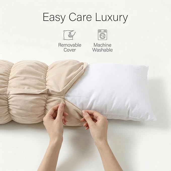 Pat. Pend. Segmented Body Pillow for Side Sleepers, 47 Inch, Beige | Full body pillow for adults with a removable, washable soft velvet cover; long bed pillow design for side sleeping.