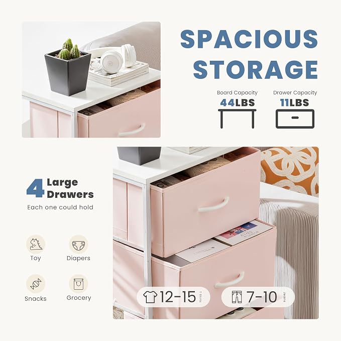 DUMOS Nightstand, Bedside Table with 4 Fabric Drawers | Night Stand with Sturdy Steel Frame Wood Top, Small Narrow Dresser Organizer Furniture, Bedroom Closet Living Room, Pink