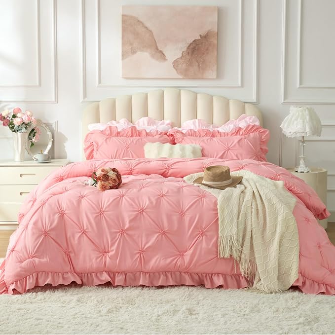 BEDELITE King Comforter Set Ruffle-Pink,Lightweight & Soft Comforter | Pintuck Boho Bedding, Warm & Cute Bed Set for All Season,With 2 Pillowcases