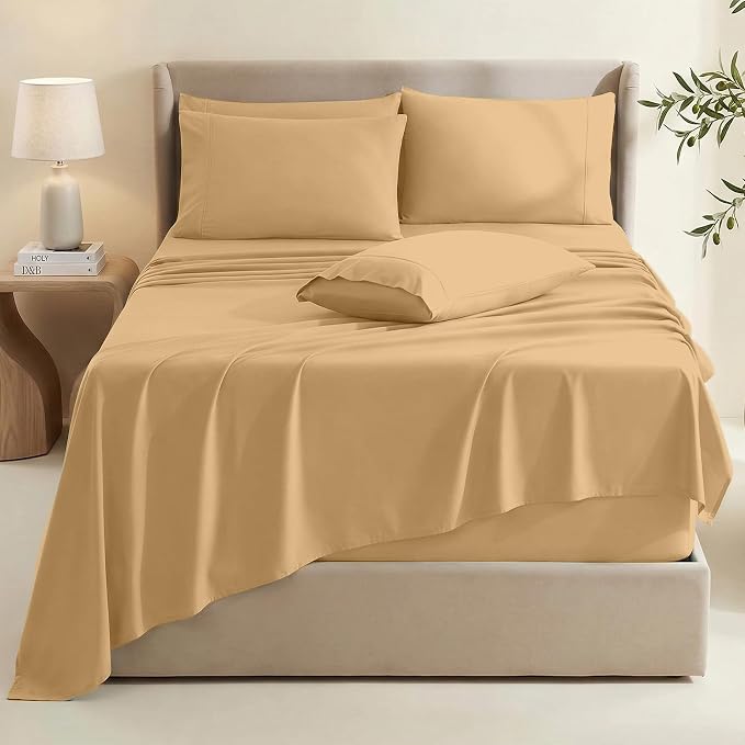 Hearth & Harbor Extra Deep Pocket Queen Sheets Sets - Fits Mattress 18-24 Inches Deep - Extra Deep Pocket Sheets - 6 Piece Queen Size - Camel