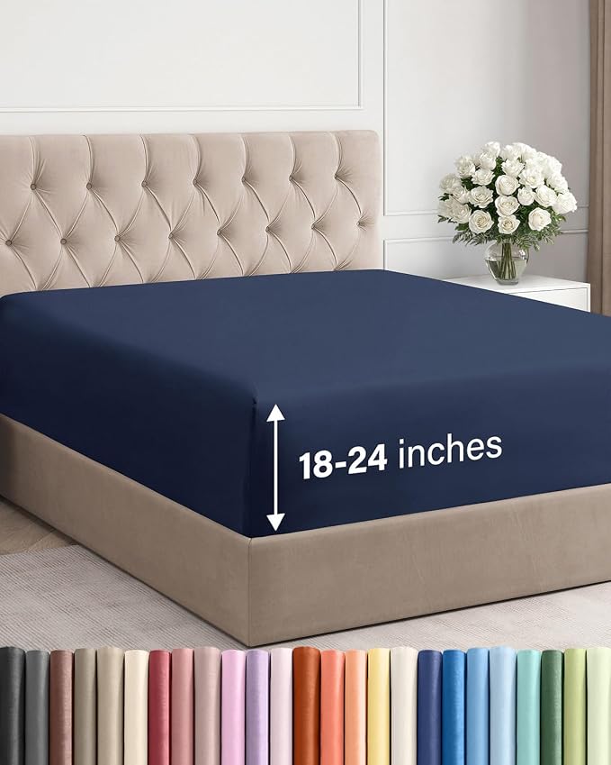 Extra Deep King Fitted Sheet - Single Fitted Sheet Only - Navy Blue | Easily Fits 18 inch to 24 inch Mattress, Soft, Wrinkle Free, Breathable & Comfy, Extra Deep Pockets Hotel Luxury Fitted Sheet