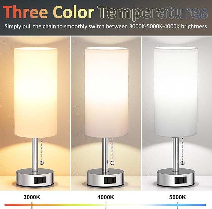 Silver Bedside Table Lamps Set of 2 - Bedroom Lamp for Desk, AC Outlet | 3CCT(3000K/4000K/5000K), LED Bulbs Included, White Fabric Lampshade, 14in Small Lamp for Nightstand, Guest Room, Living Room