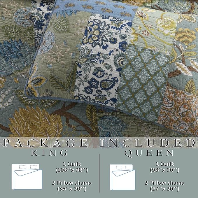Wistown Cotton Bedspread Bedding Coverlet Quilt Sets, Reversible Vintage Branch Floral Bedspread comforters, (Rustic Sage Green Patchwork Pattern, King Size)