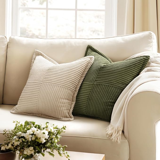 MIULEE Decorative Throw Pillow Covers for Couch 20x20 Inch Olive Green | 2 Pack, Boho Broadside Striped Patchwork Pillow Covers, Soft Corduroy Cushion Cases, For Sofa Bed Livingroom Home Decor