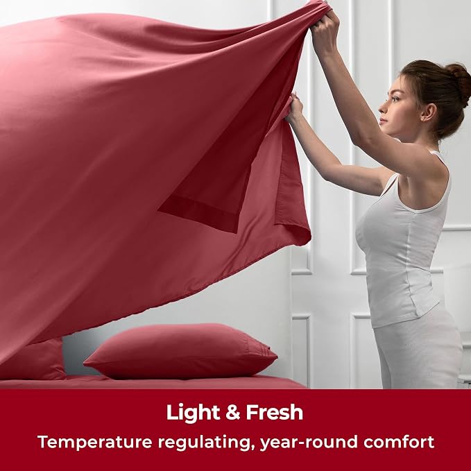 Mellanni Split King Sheets Set - 5 PC Iconic Collection Bedding | Hotel Luxury, Extra Soft, Cooling Bed Sheets - Wrinkle, Fade, Stain Resistant (Split King, Brick Red)
