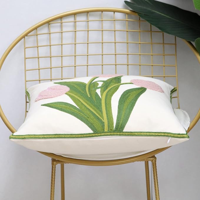 Pack of 2 Embroidered Decorative Throw Pillow Cover 18x18 Inch Farmhouse Floral Pillowcase for Living Room Sofa Bed (Pink Tulip)