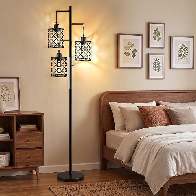 68" Industrial Tree Floor Lamp, Dimmable Farmhouse Tall Stand Light with Metal Cages & Rotary Dimmer Knob, Corner Decor Lighting for Living Room Bedroom Cafe, 3 x 800LM Bulbs Included-Black