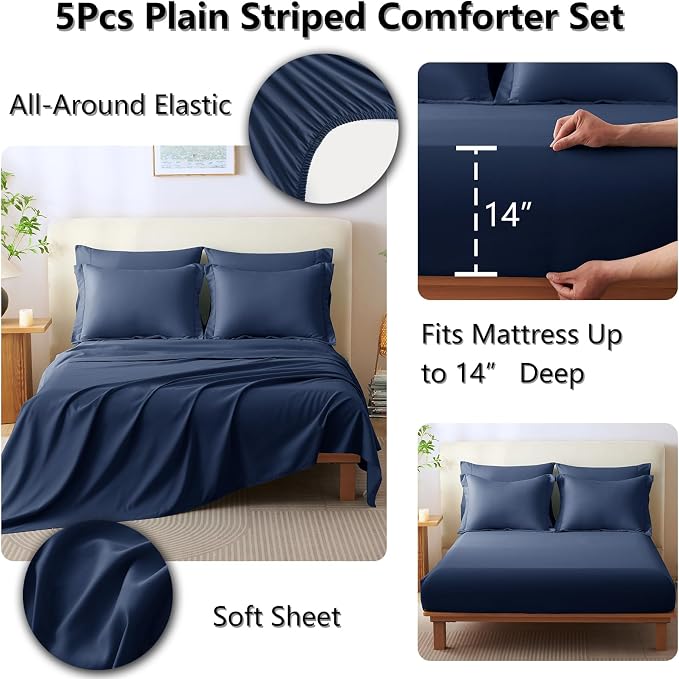 Twin XL Comforter Set Navy Blue - 5 Pieces Complete Bedding Set | College Dorm Essentials, OEKO-TEX Certified, 240GSM Down-Alternative Comforter, 14" Deep-Pocket Sheets, Sham & Pillowcase