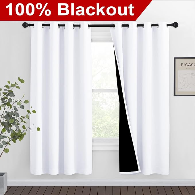 NICETOWN White Blackout Curtains 72 inches Long, Full Light Blocking Drapes with Black Liner for Nursery, Thermal Insulated Draperies for Hall, Villa (2 Pieces, 46" Wide Each Panel, Pure White) | Full Light Blocking Drapes with Black Liner for Hall Vil...