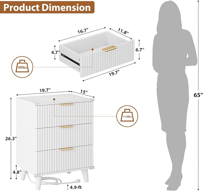 Wood Nightstands Set of 2 w/Charging Station, 3 Drawers Fluted Dresser | White, Large Drawers, Metal Silent Rails, FSC Wooden, Sturdy Legs, Modern Fluted Panel, Living Room, Bedside Table