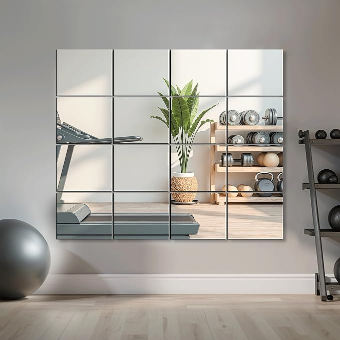 Frameless Mirror Tiles 12"x10"x16 Pcs Wall Mounted | Shatter Resistant, Full Length, Tempered Glass Panels, For Home Gym Bathroom Bedroom & Living Room Decor