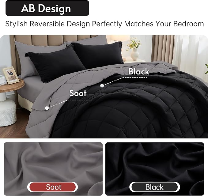 7 Pieces Oversized King Comforter Set, Reversible Bed in a Bag Oversized King Size, All Season Bedding Set with Comforter, Flat Sheet, Fitted Sheet, Pillowcases & Shams, Black & Soot