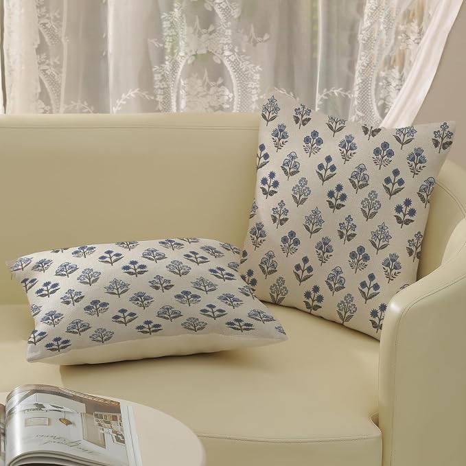 Blue Grey Pillow Covers 18x18 Inch 2 Pcs Gray Block Print Vintage Floral Decor Throw Pillows Boho Flower Spring Summer Outdoor Seasonal Decoration Pillowcase Linen Cushion Cover for Couch Sofa