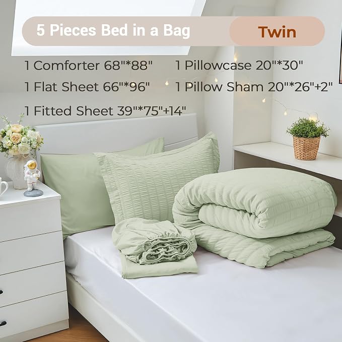 5 Pieces Twin Comforter Set, Seersucker Bed in a Bag Twin Size, All Season Luxury Bedding Set with Comforter, Flat Sheet, Fitted Sheet, Pillowcase & Sham, Light Green