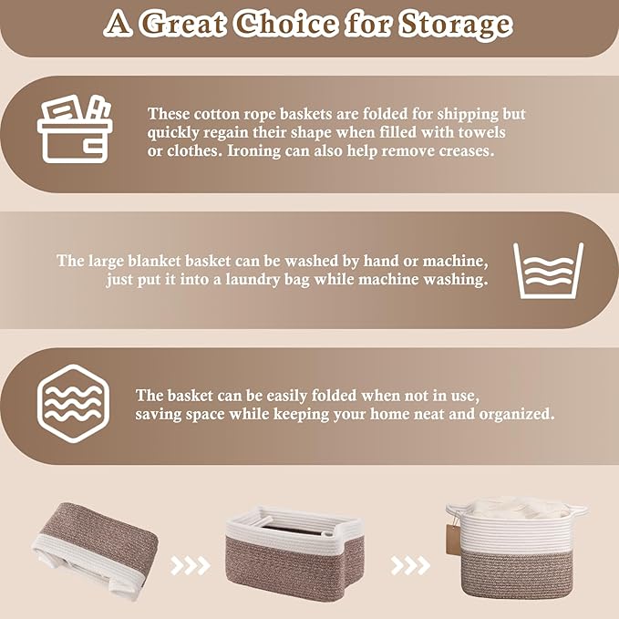 Goodpick Woven Rope Storage Basket for Shelves, Rectangle, Brown | 13" × 10" × 9" Stylish Gift Basket for Bedroom & Living Room Organization, Cotton Rope Baskets for Toys & Towels Storage