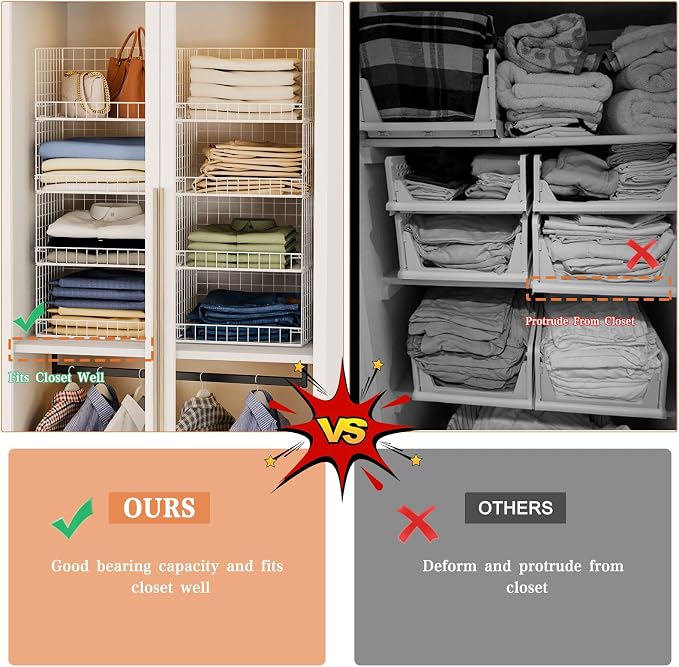 Yociyoga 4-Tier Stackable Closet Organizers and Storage Basket, Foldable Closet Shelf Organizer System, Space-Saving Clothes Storage Drawer Organizer for Wardrobe, White (Patent 30022416)