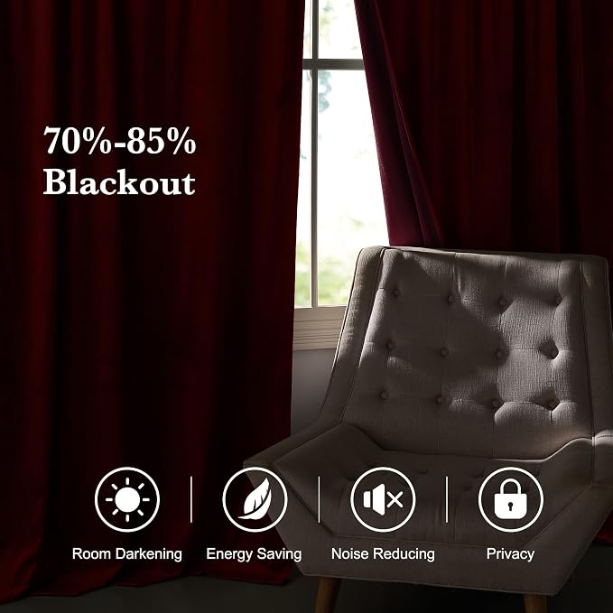 RYB HOME Burgundy Red Velvet Curtains 92 inches for Bedroom Living Room | Thermal Insulated, Privacy UV Block, Noise Reducing, Energy Saving, Luxury Window Decor for Dining Room, W52 x L92, 2 Panels