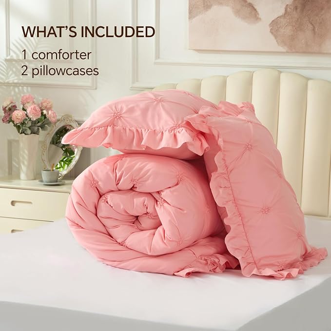 BEDELITE Twin Comforter Set Ruffle-Pink,Lightweight & Soft Comforter | Pintuck Boho Bedding, Warm & Cute Bed Set for All Season,With 1 Pillowcase