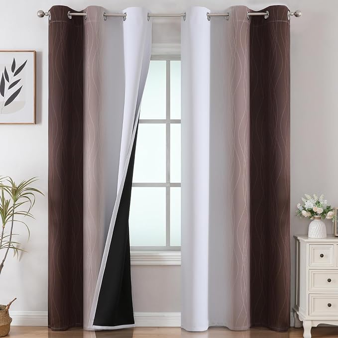 Brown and Greyish White Blackout Curtains 42Wx84L 2 Panels | Ombre Curtains for Bedroom,Thermal Insulated,Full Room Darkening,Energy Saving,Gradient Grommet Window Drapes for Living Room